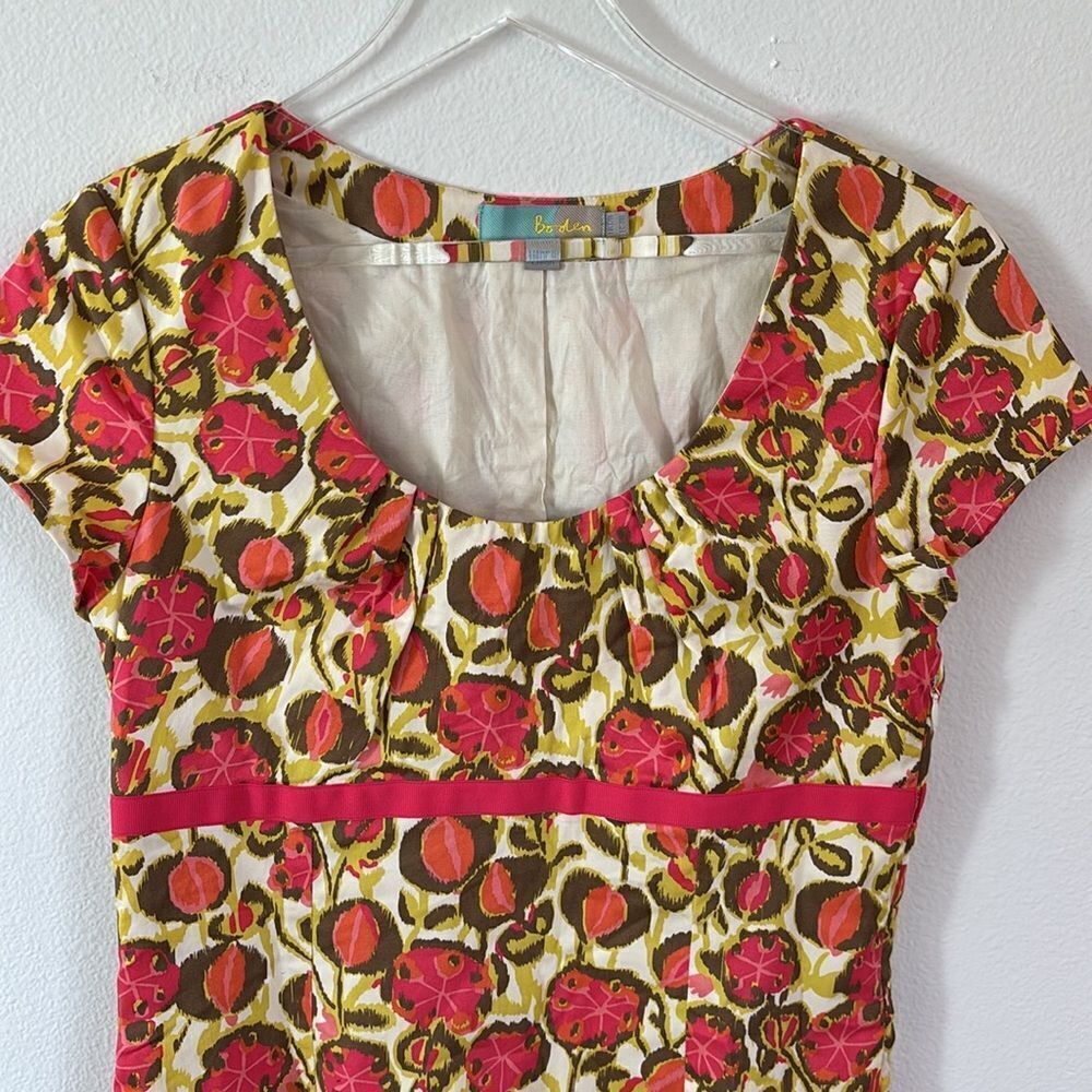 Boden Floral Pink Green Empire Waist Cotton Sheath Dress Cap Sleeves Size US 8R - Picture 3 of 10